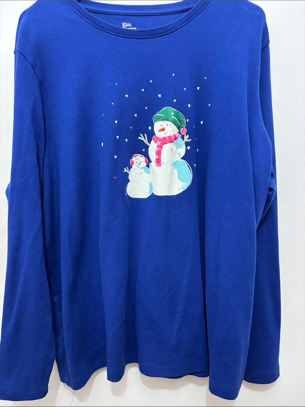 Christmas Kim Rogers Royal Blue Snowman Graphic Kids Pajama Top NWOT Sz 1X